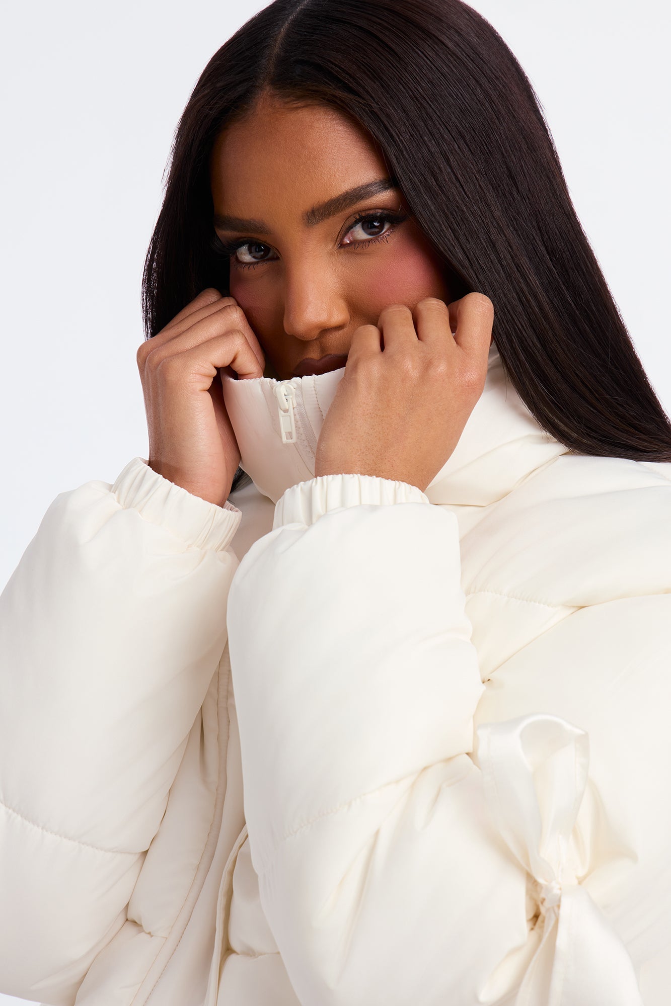 Coquette Touch Bow Puffer Jacket - Ivory