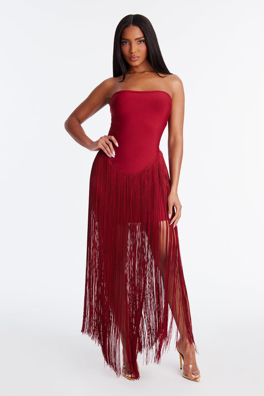 Darling Fringe Trim Bandage Mini Dress - Wine