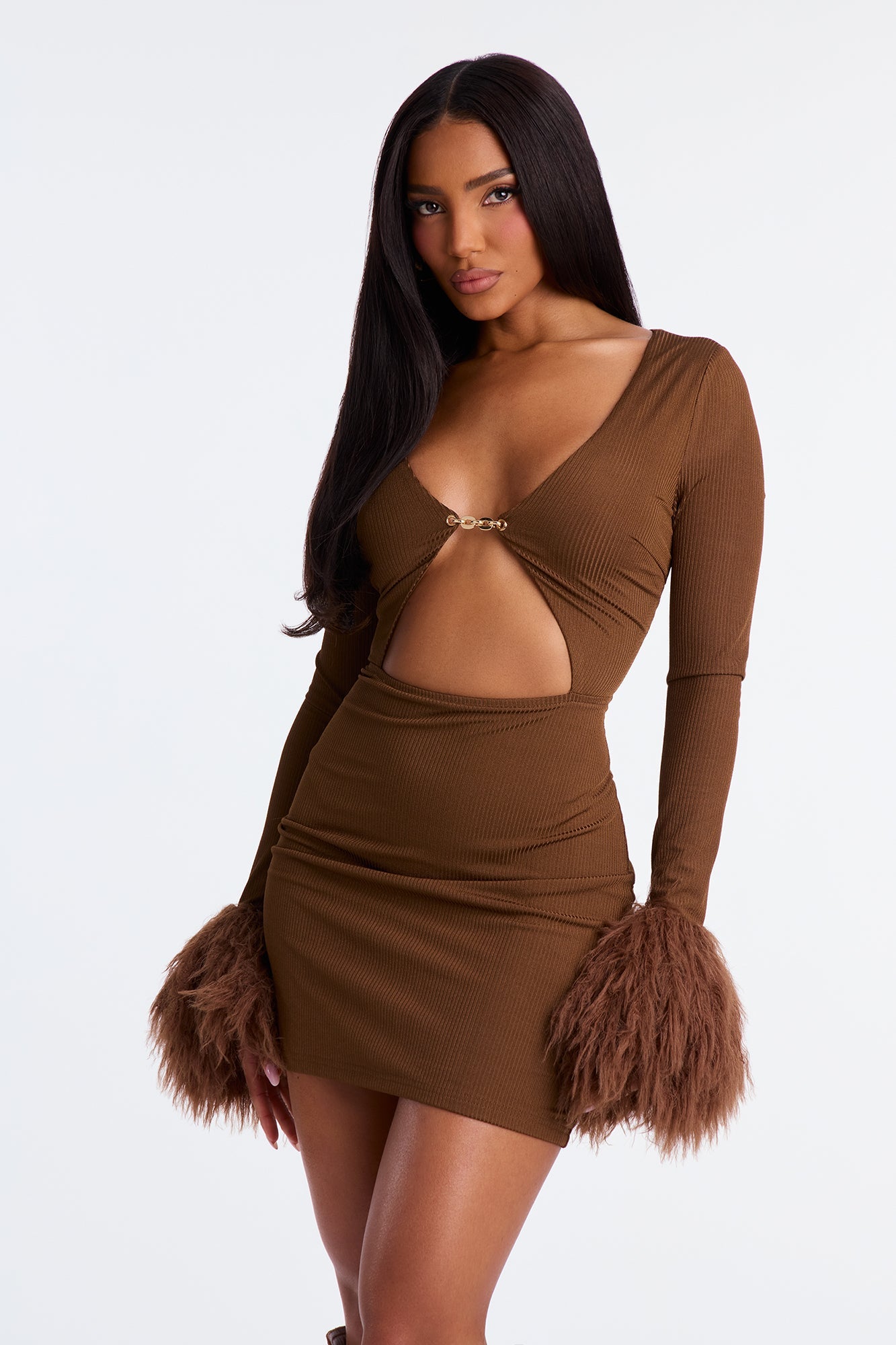 Fuzzy Chic Ribbed Mini Dress - Chocolate