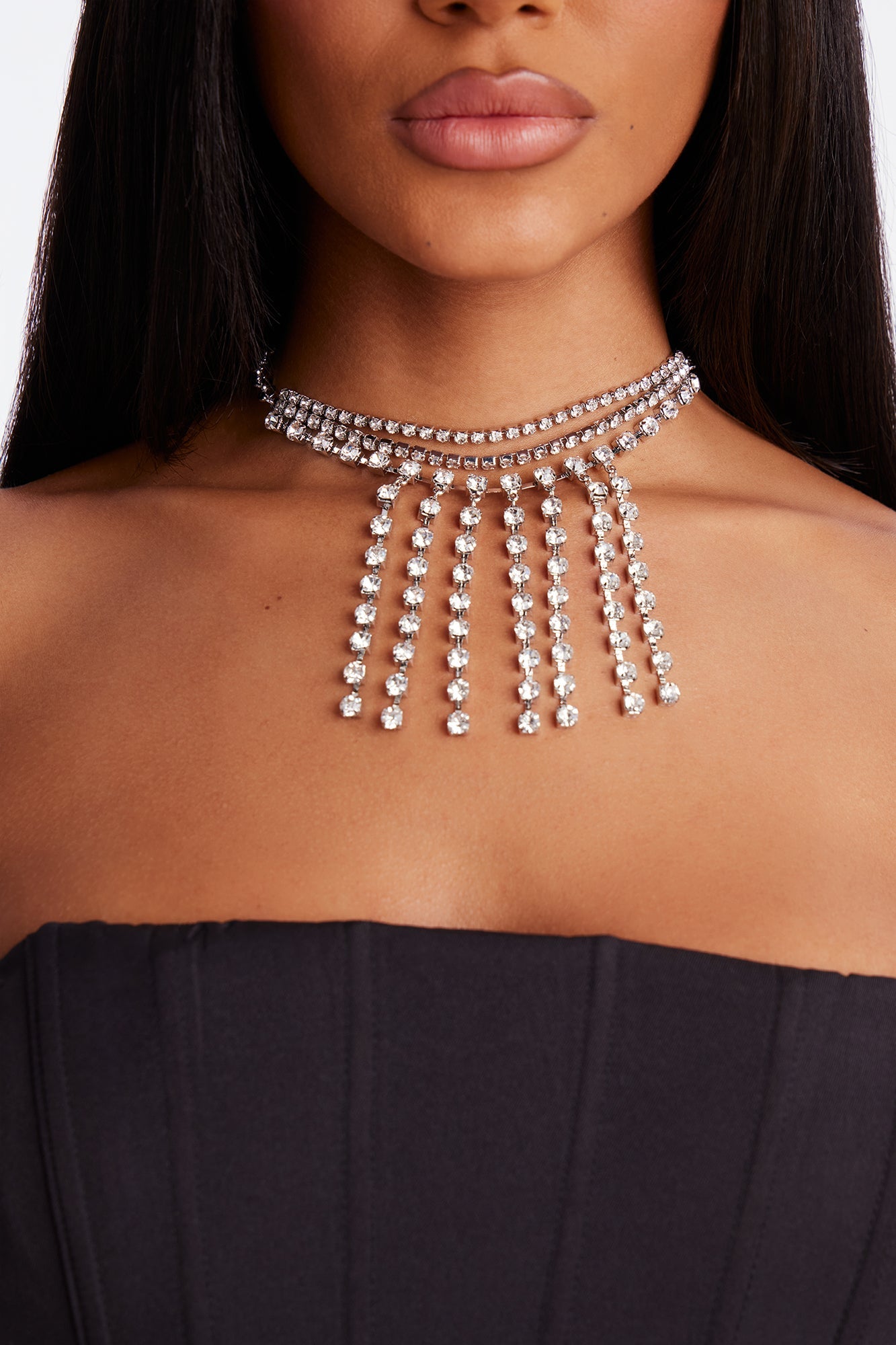 Lustre Line Rhinestone Choker Necklace - Silver
