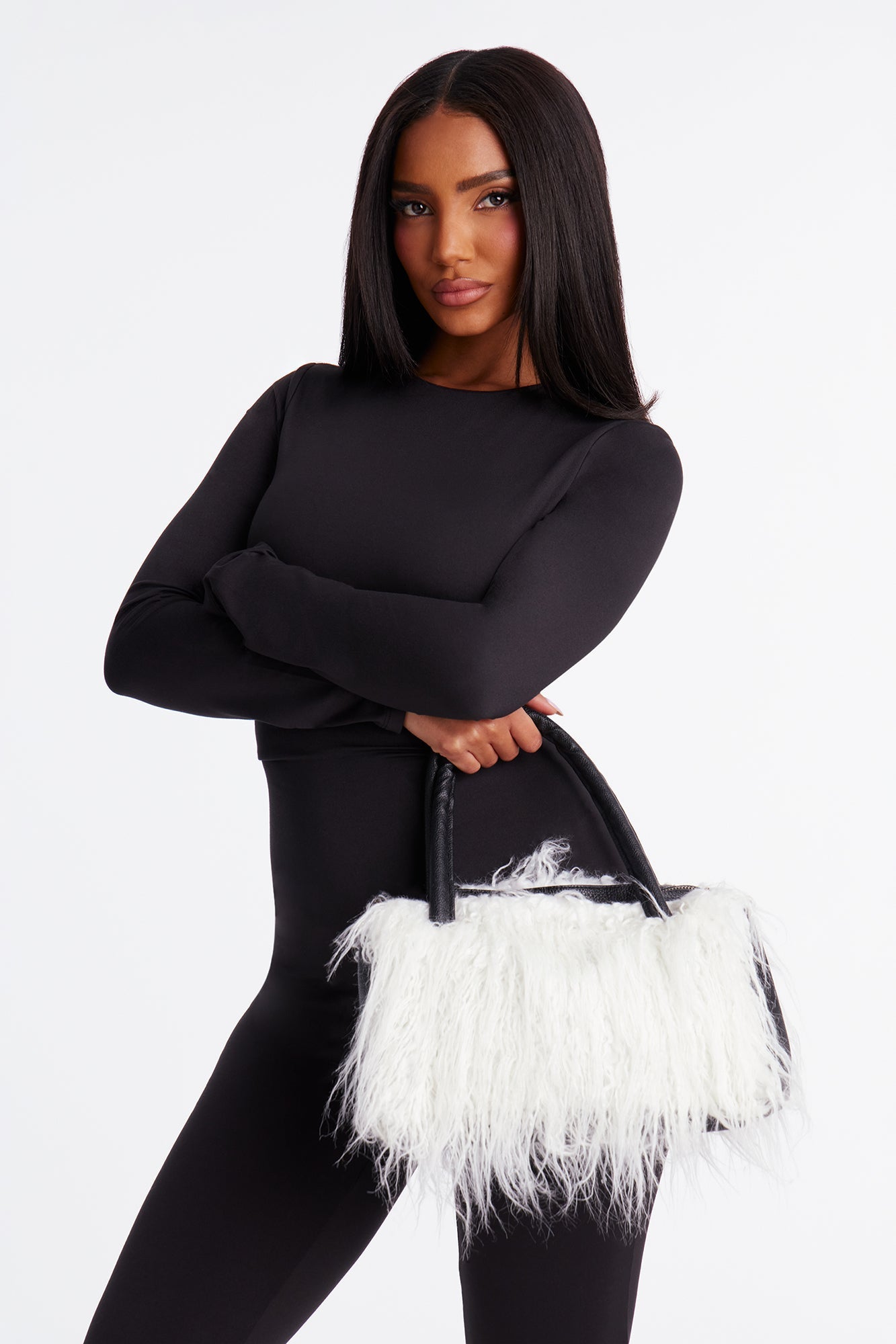 Mane Event Faux Fur Shoulder Handbag - White/Black