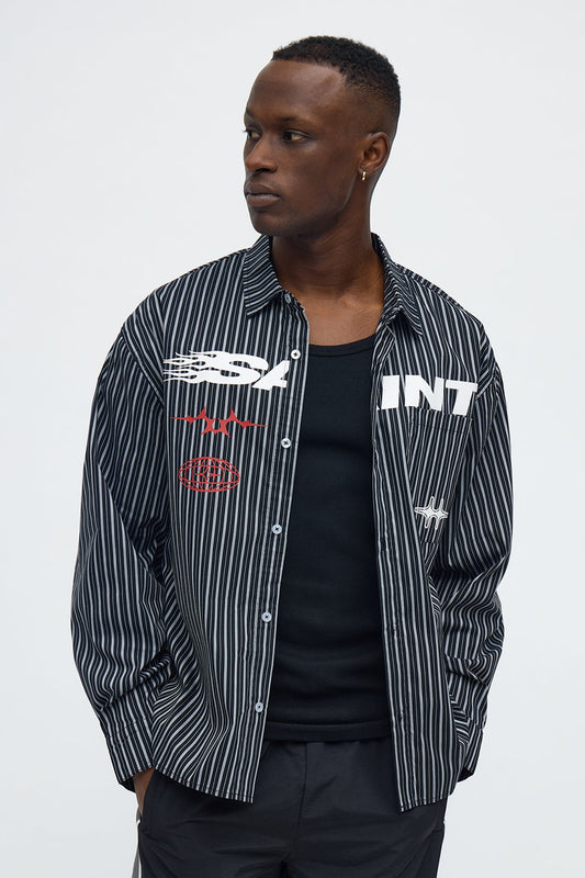 Cropped Pin Stripe Saint Button Up Shirt - Black