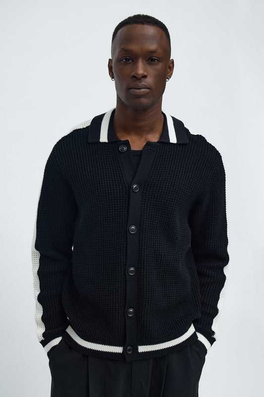 Chunky Striped Knit Cardigan - Black
