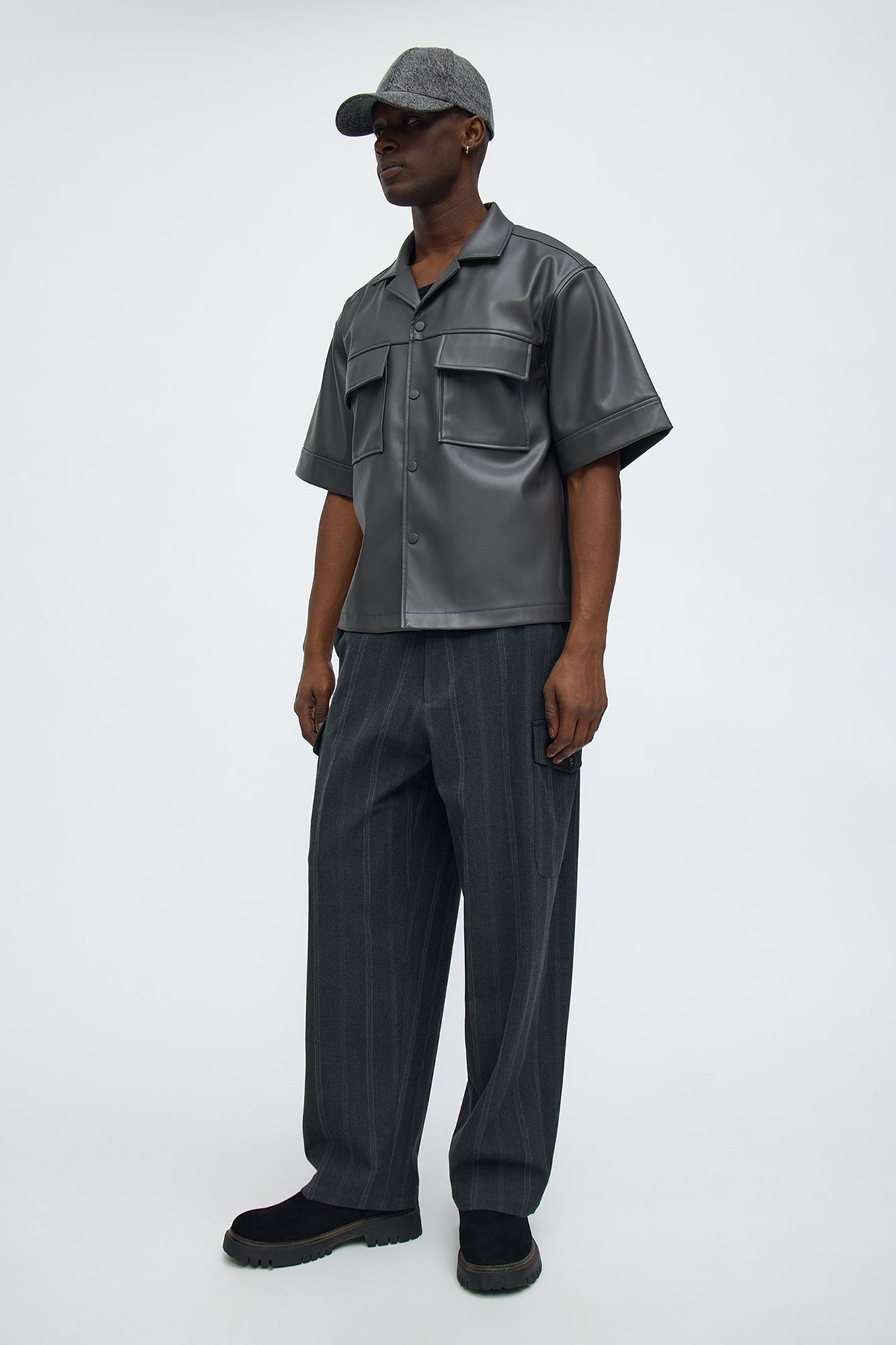 High Stepper Faux Leather Button Up Shirt - Dark Grey