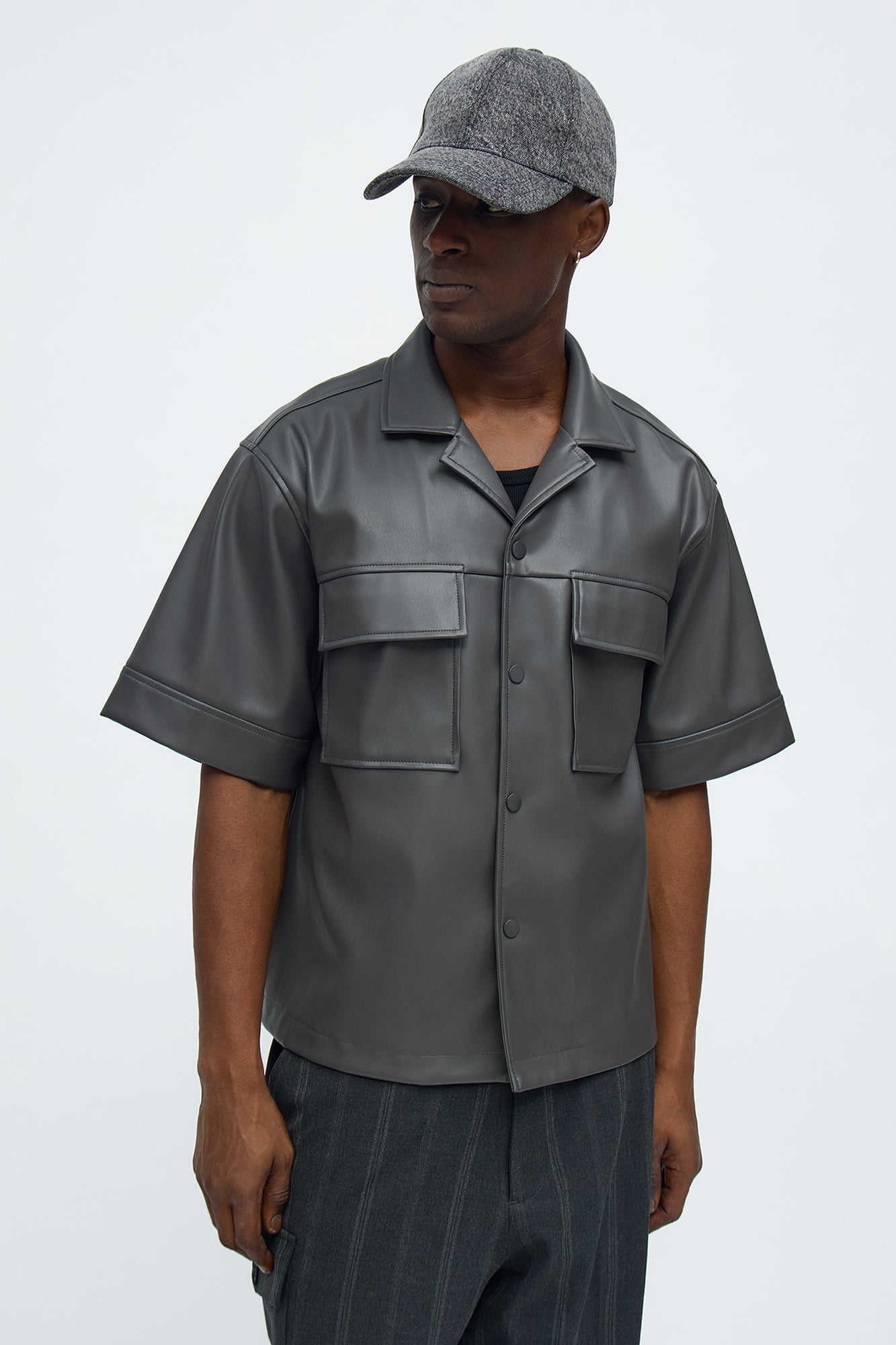 High Stepper Faux Leather Button Up Shirt - Dark Grey