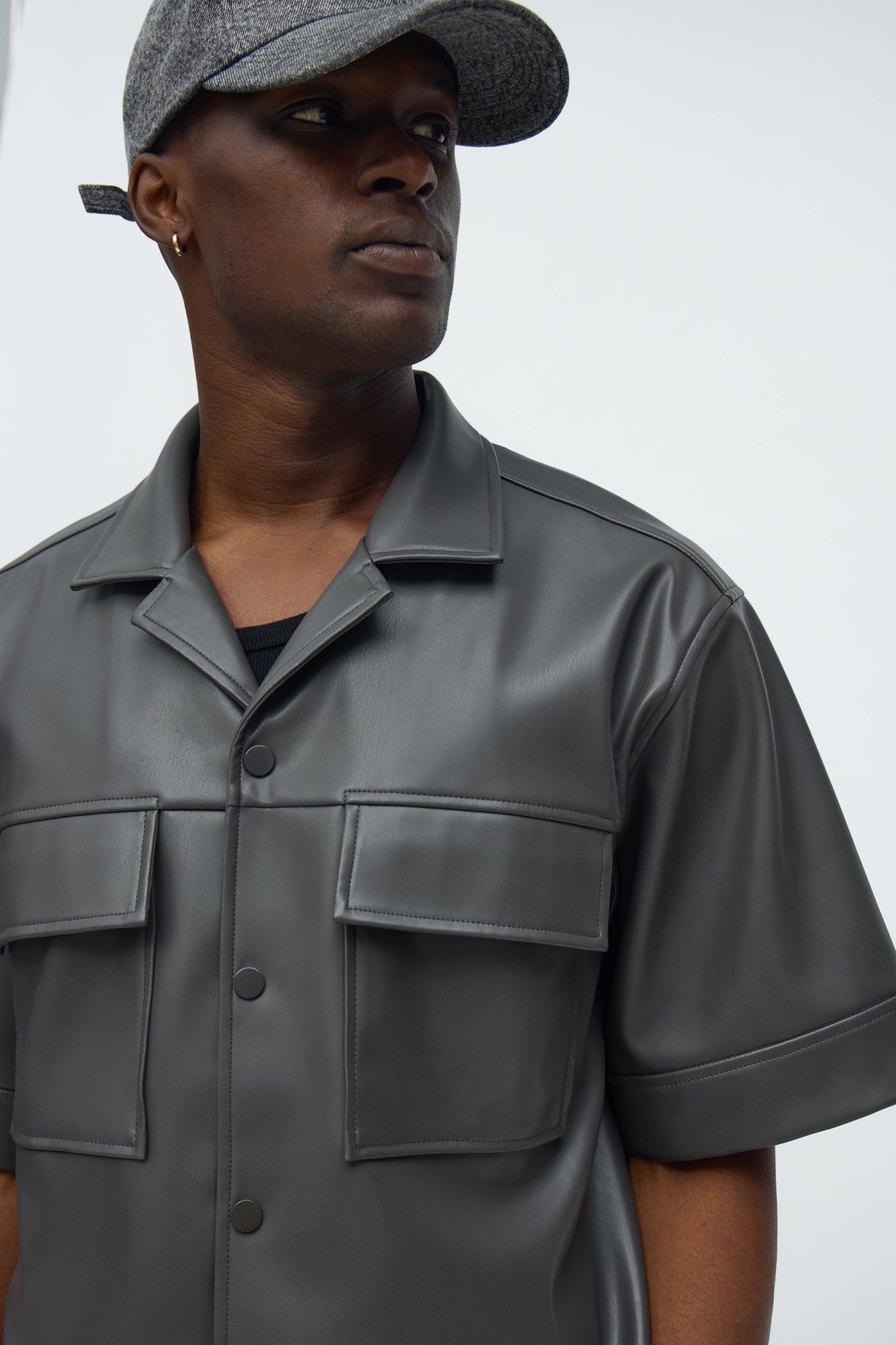High Stepper Faux Leather Button Up Shirt - Dark Grey