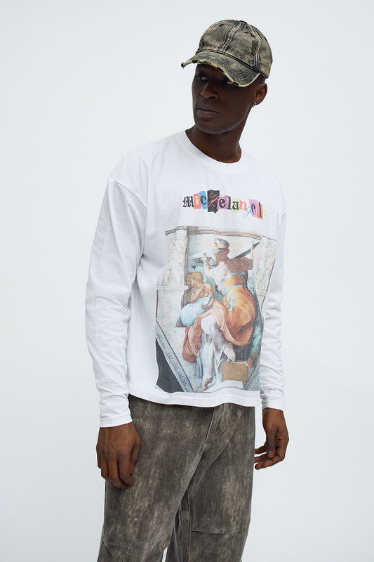 Michelangelo Florence Book Oversized Long Sleeve Tee - White