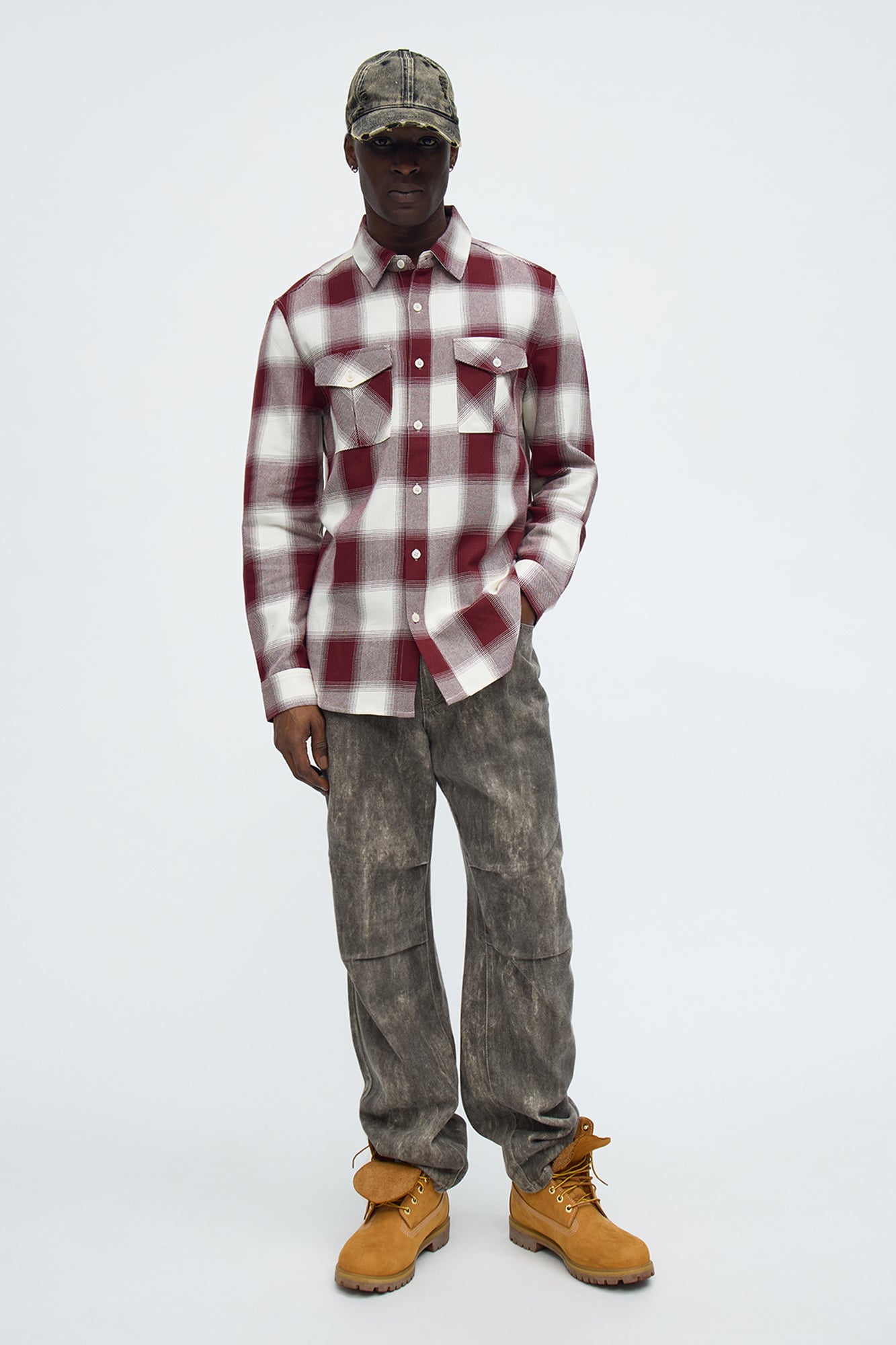 Ice Plaid Flannel Shirt - Burgundy