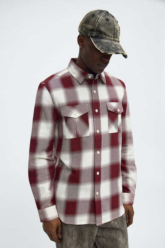 Ice Plaid Flannel Shirt - Burgundy