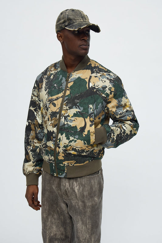 Relaxed Washed Abstract Camo Bomber Jacket - Camouflage