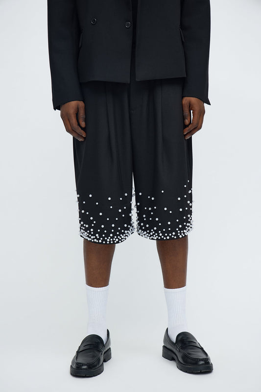Wide Leg Double Pleated Pearl Waterfall Short - Black