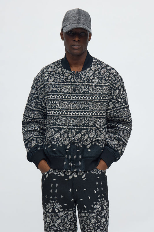 Relaxed Paisley Jacquard Bomber Jacket - Black