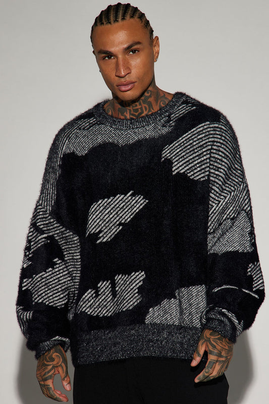 Fuzzy Textured Crewneck Sweater - Black/combo