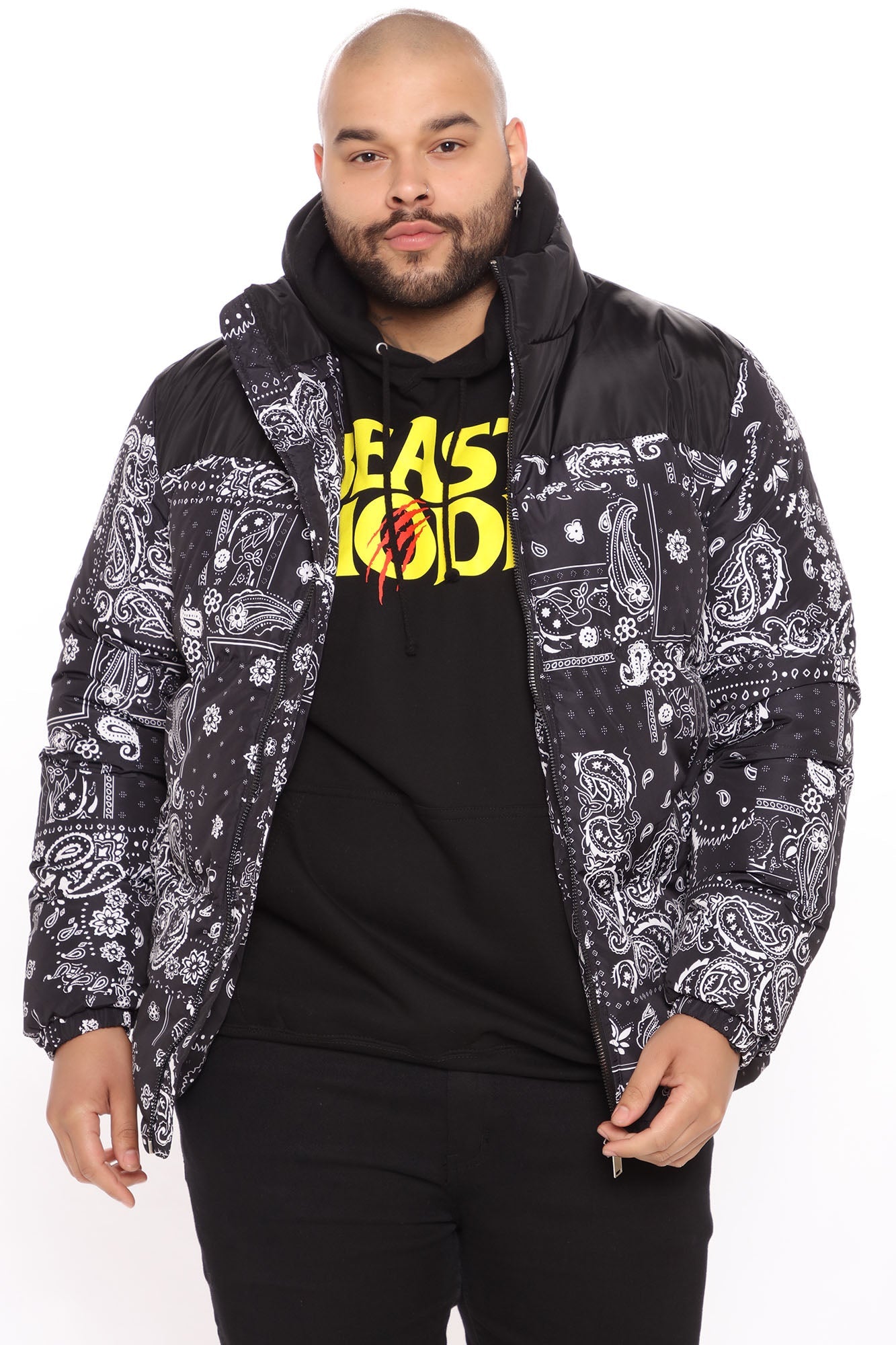 Paisley Puffer Jacket - Black