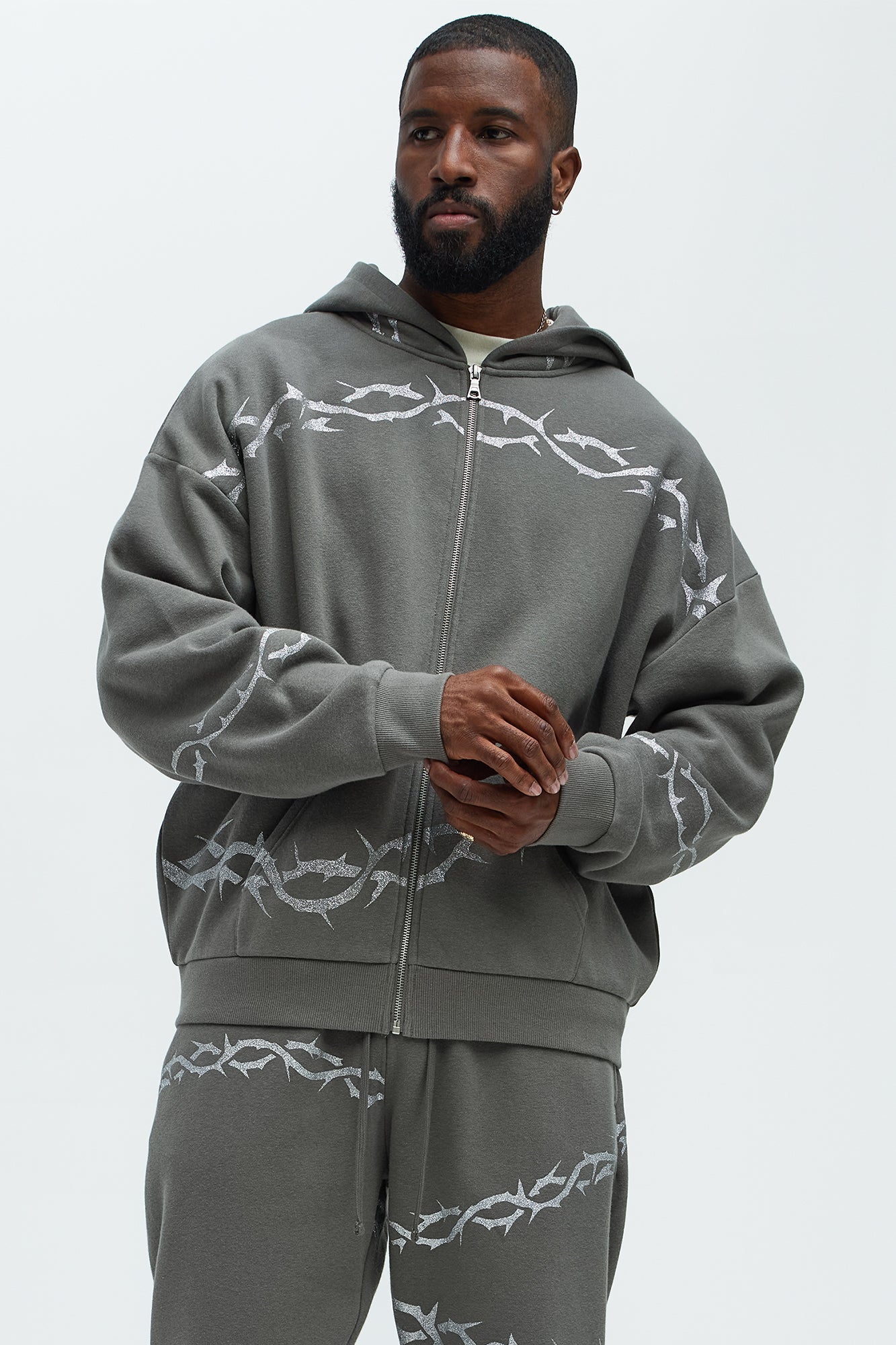 Tyson Barbed Wire Oversized Zip Hoodie - Charcoal