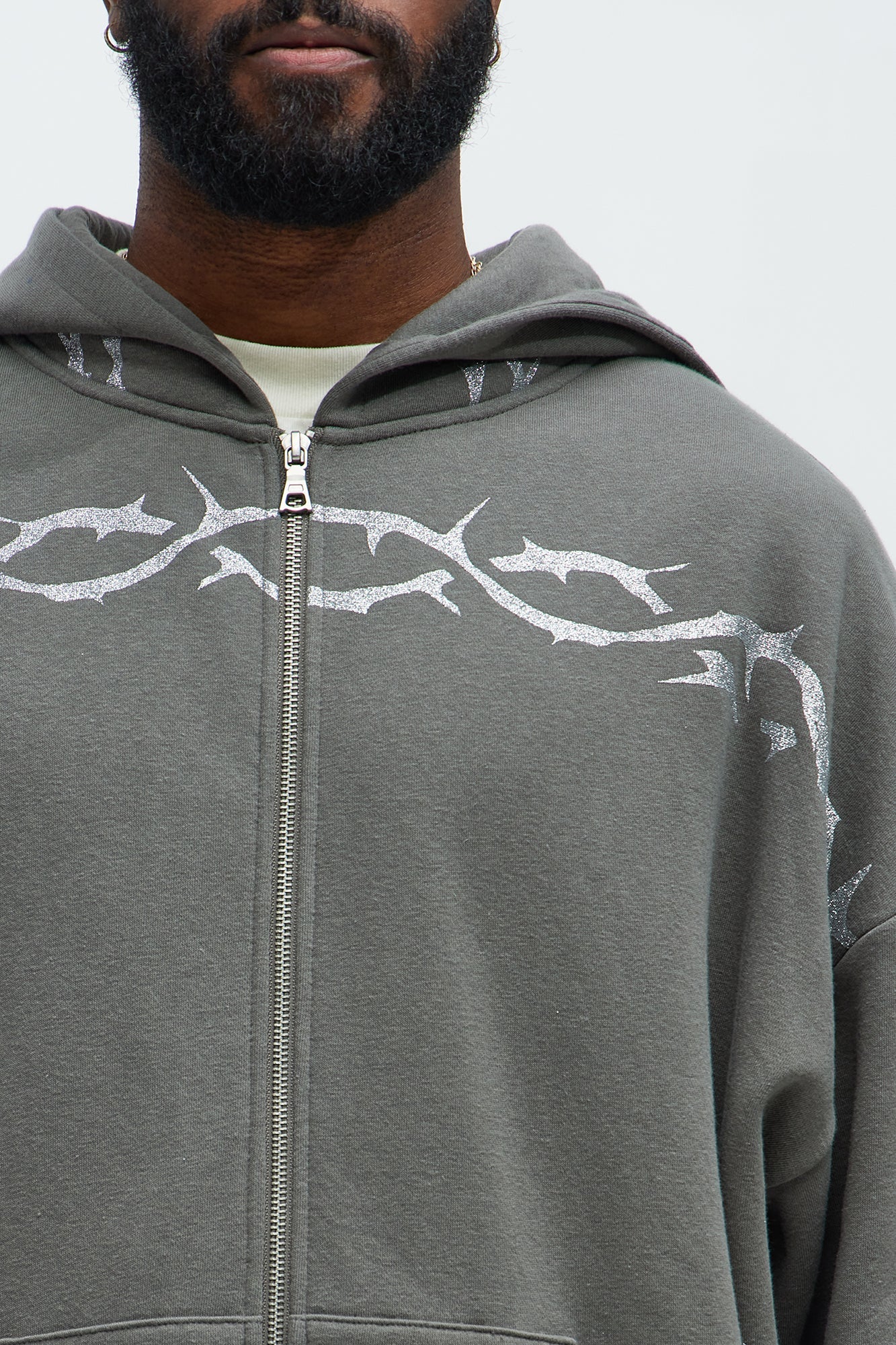 Tyson Barbed Wire Oversized Zip Hoodie - Charcoal