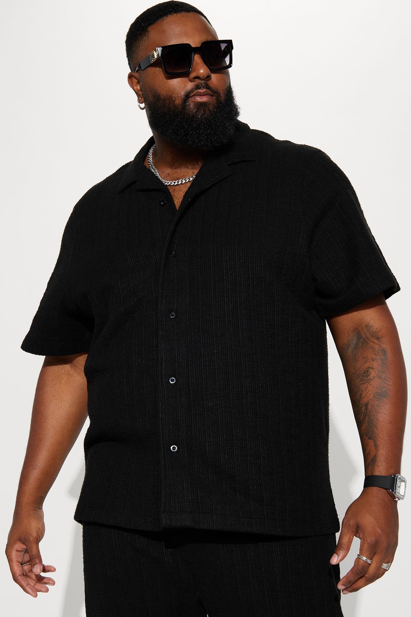 Dean Textured Short Sleeve Button Up Shirt - Black