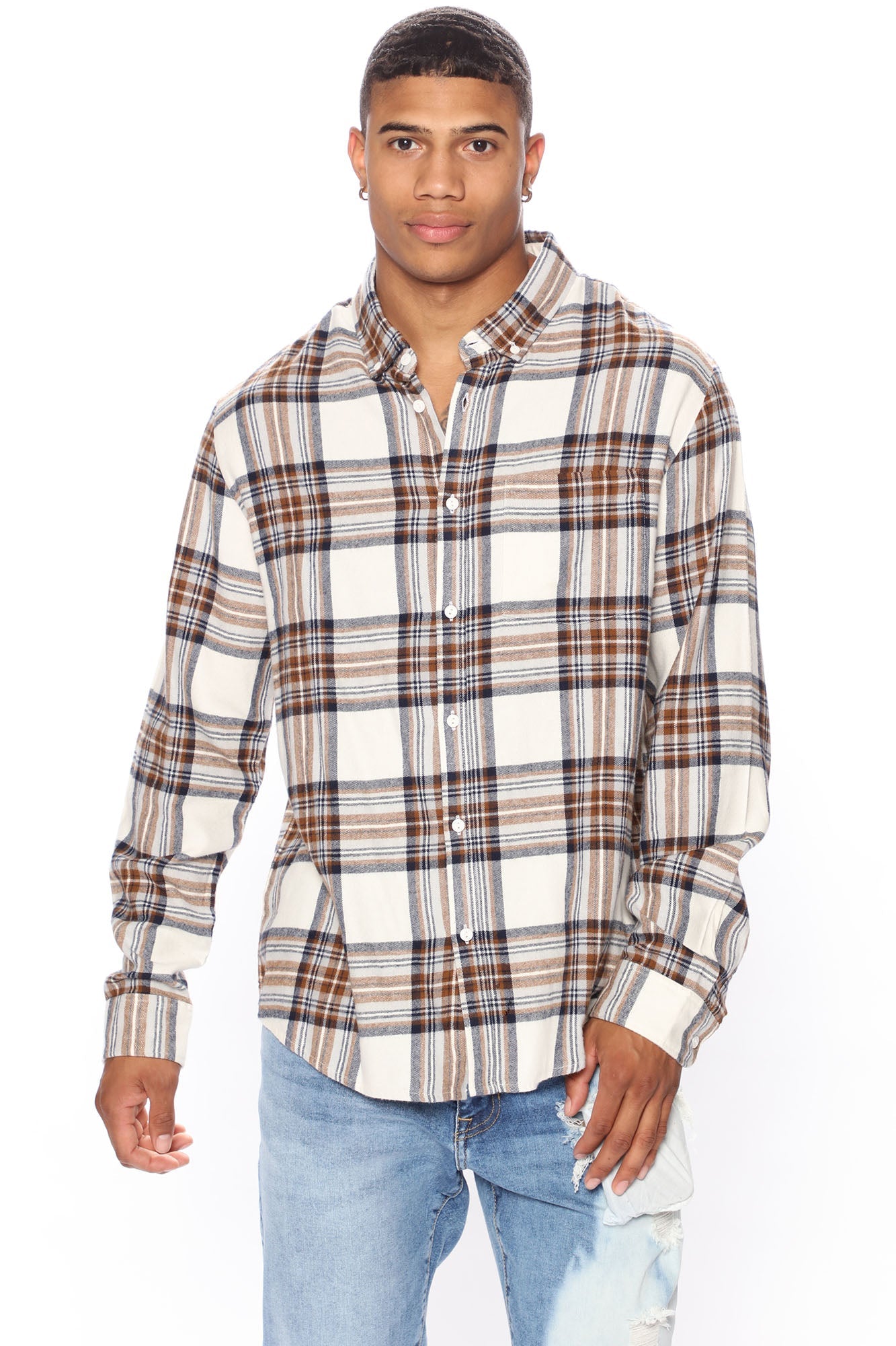 Light Breeze Plaid Long Sleeve Woven Top - Khaki/combo