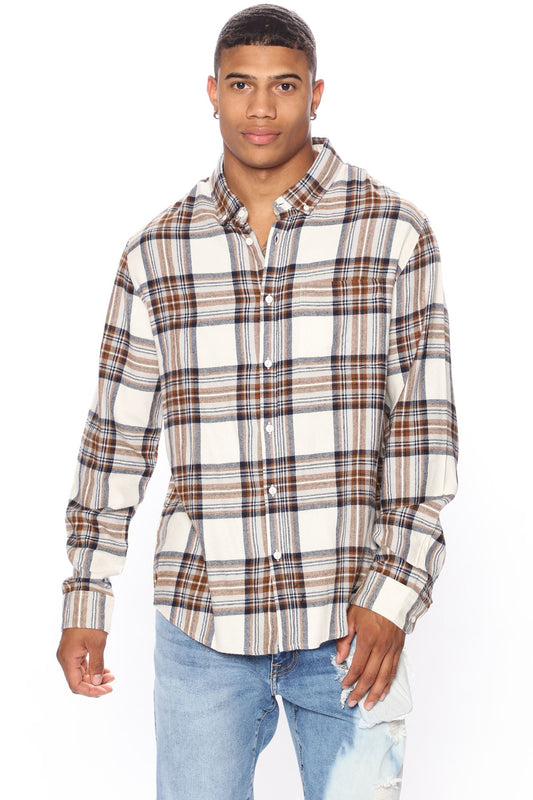 Light Breeze Plaid Long Sleeve Woven Top - Khaki/combo