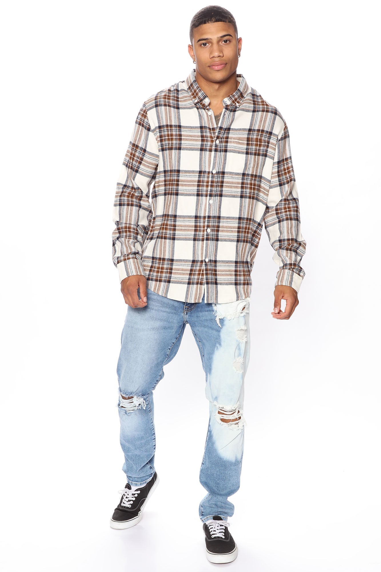 Light Breeze Plaid Long Sleeve Woven Top - Khaki/combo