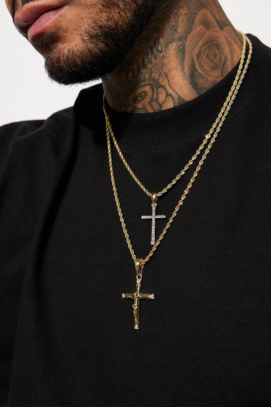 Classic Holy Cross Pendant 2 Piece Chain Necklace - Gold