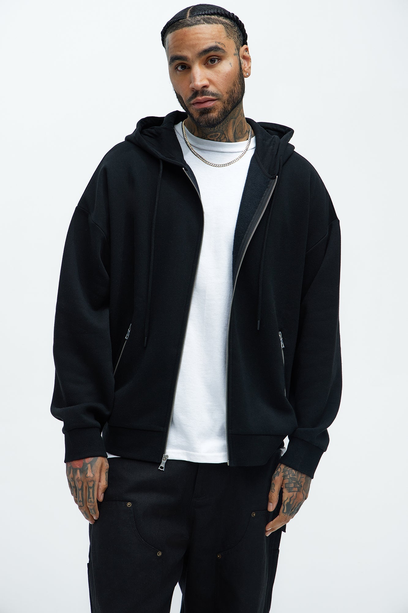 Tyson Stash Oversized Zip Up Hoodie - Black
