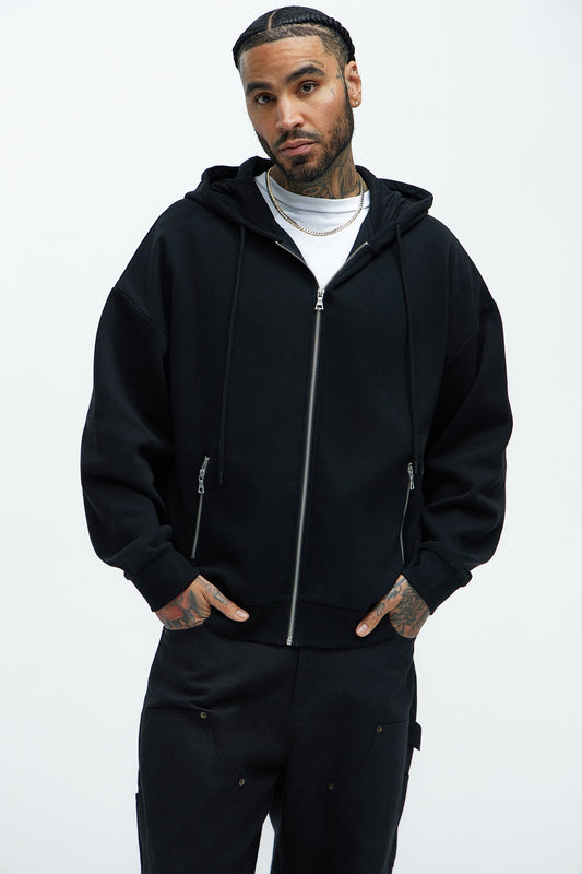 Tyson Stash Oversized Zip Up Hoodie - Black