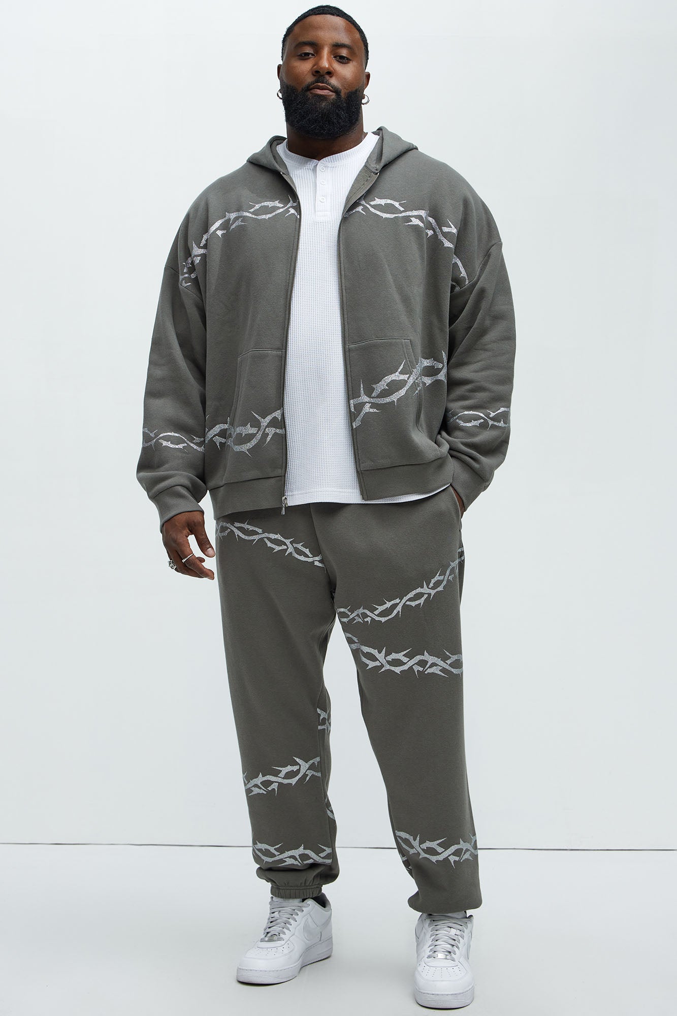 Tyson Barbed Wire Oversized Zip Hoodie - Charcoal