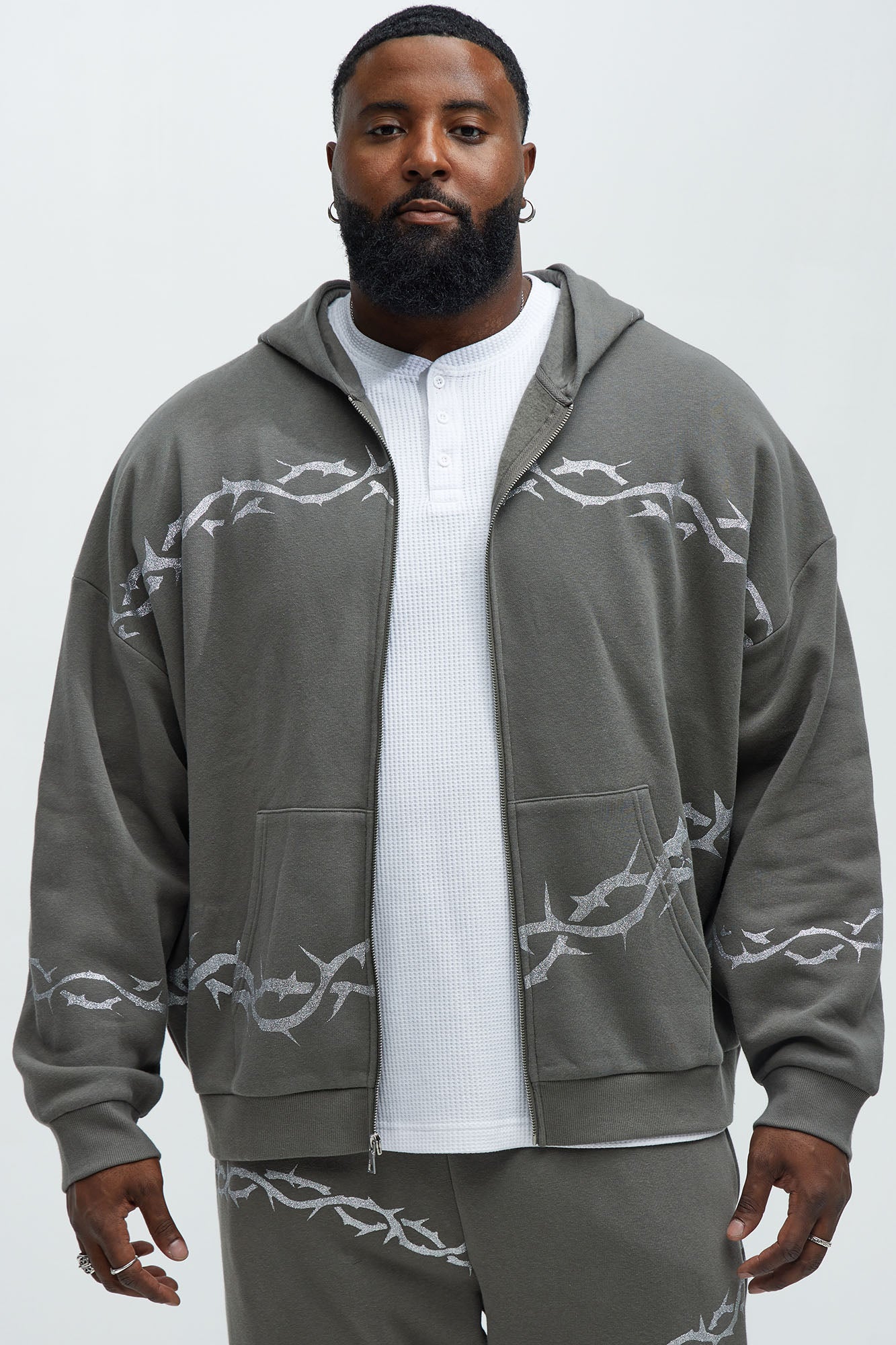 Tyson Barbed Wire Oversized Zip Hoodie - Charcoal