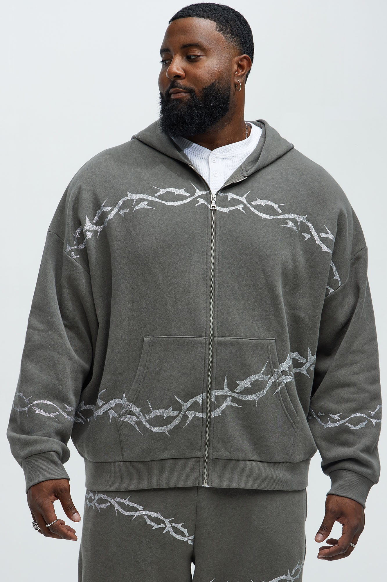 Tyson Barbed Wire Oversized Zip Hoodie - Charcoal