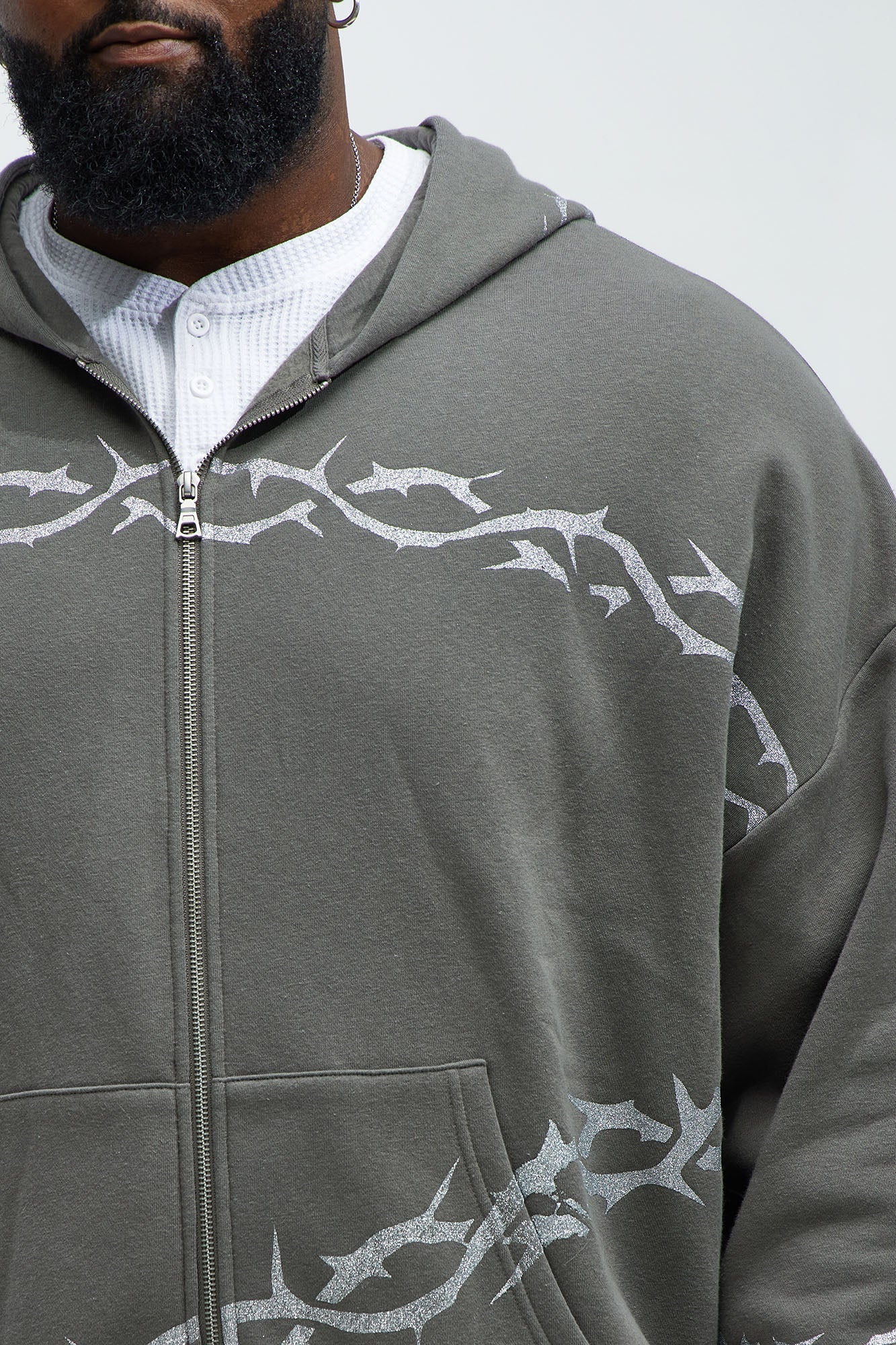 Tyson Barbed Wire Oversized Zip Hoodie - Charcoal