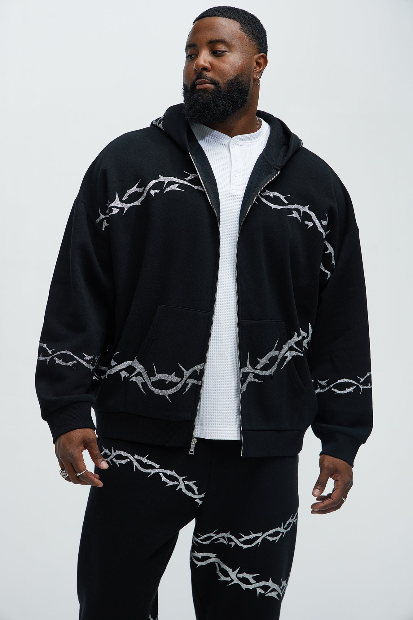 Tyson Barbed Wire Oversized Zip Hoodie - Black