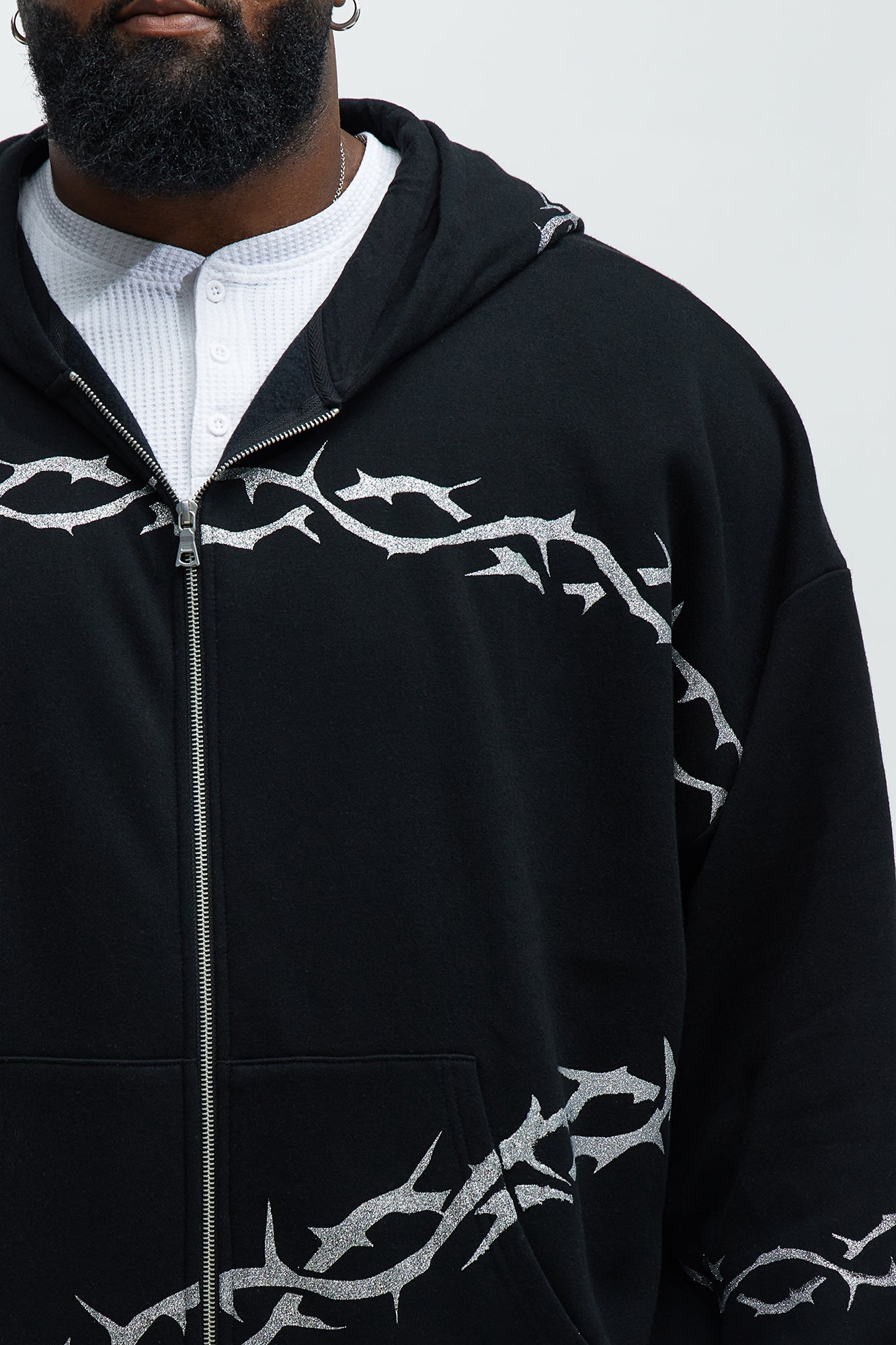 Tyson Barbed Wire Oversized Zip Hoodie - Black