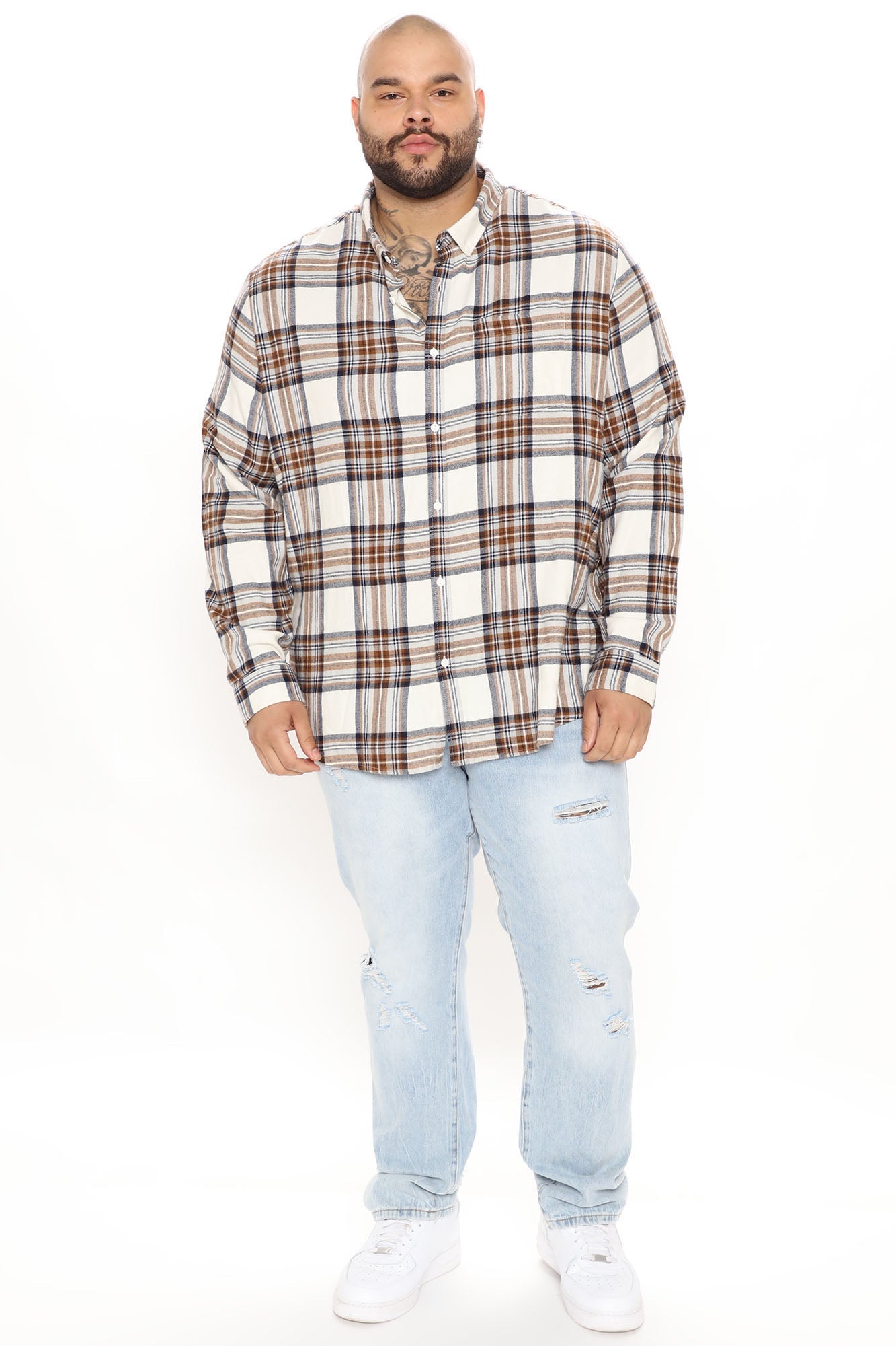 Light Breeze Plaid Long Sleeve Woven Top - Khaki/combo