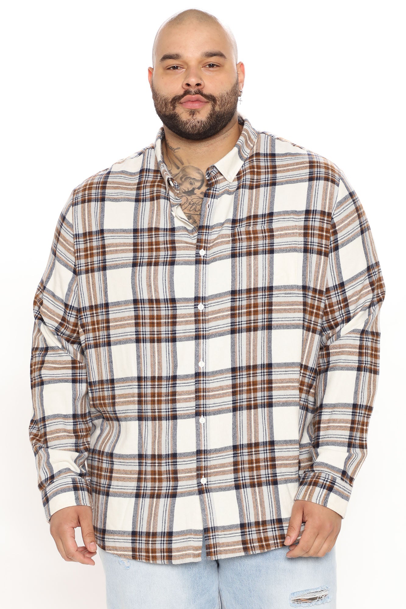 Light Breeze Plaid Long Sleeve Woven Top - Khaki/combo