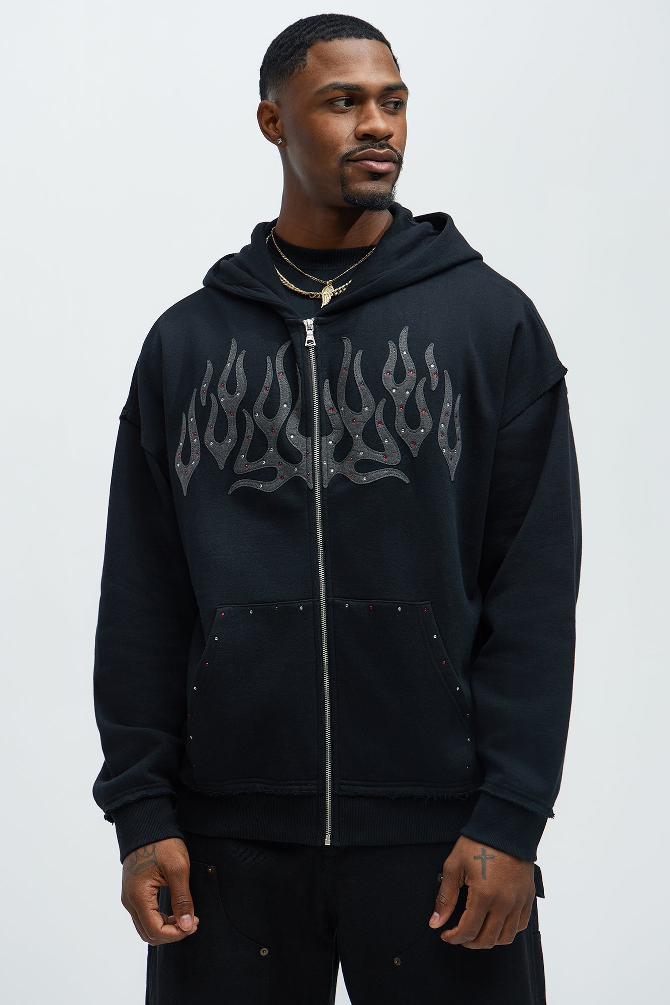 Tyson Bling Oversized Zip Hoodie - Black