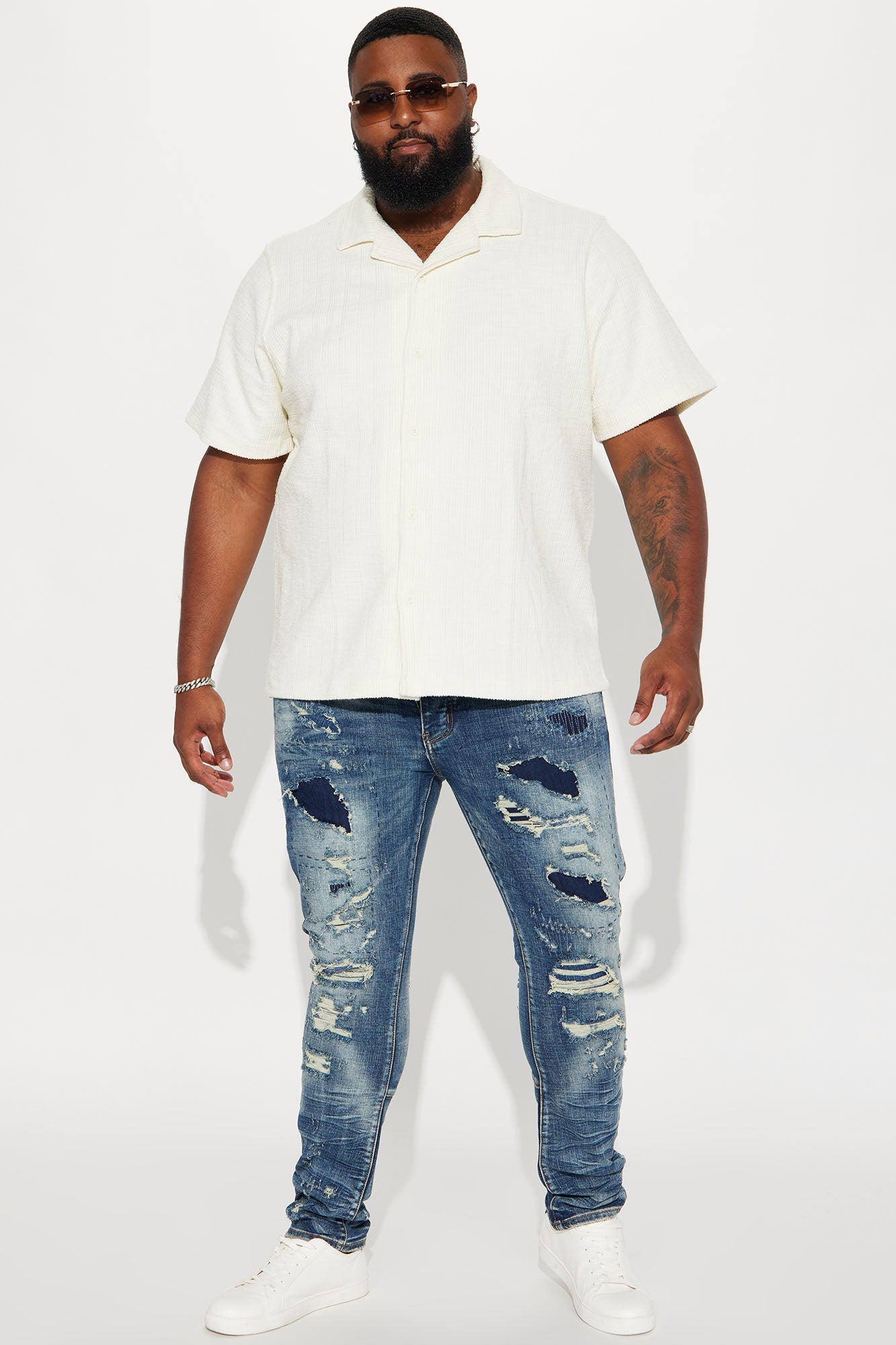 Dean Textured Short Sleeve Button Up Shirt - Cream