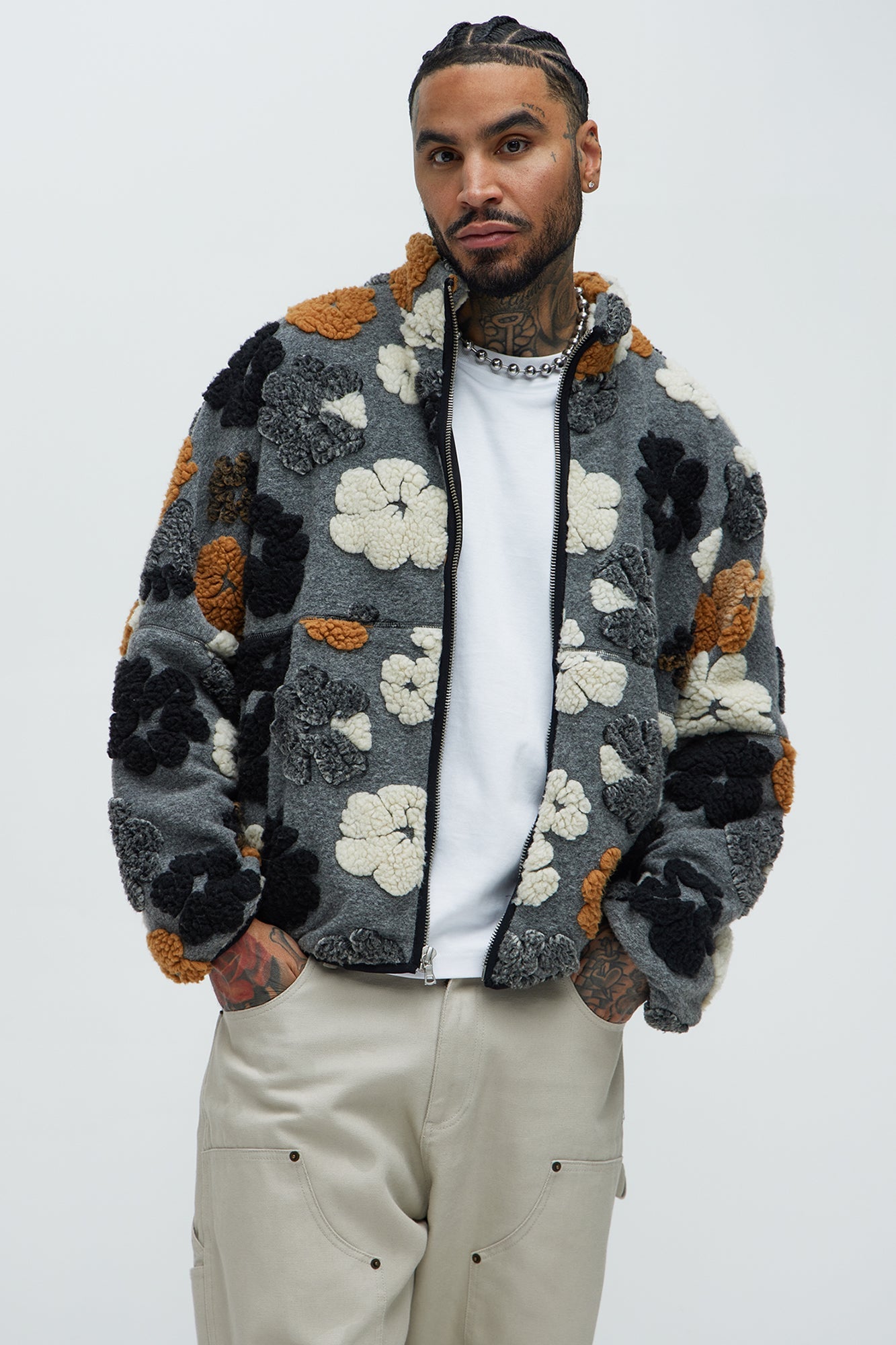 Sherpa Tears Oversized Zip Jacket - Grey/combo