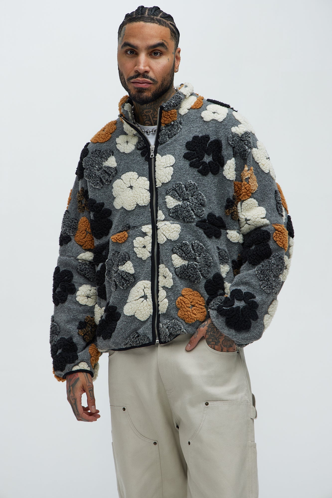 Sherpa Tears Oversized Zip Jacket - Grey/combo