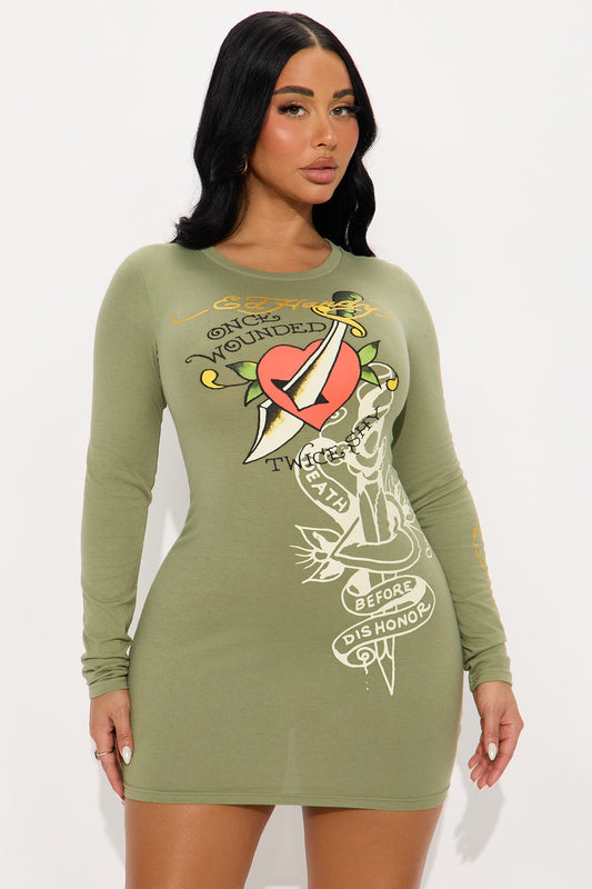 Ed Hardy Dagger Heart Long Sleeve Mini Dress - Olive