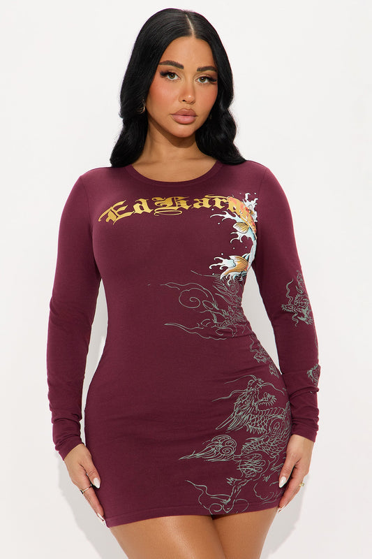 Ed Hardy Koi Long Sleeve Mini Dress - Burgundy