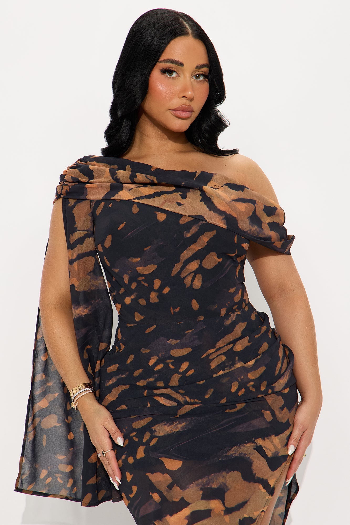 Dahlia Draped Chiffon Midi Dress - Black/combo