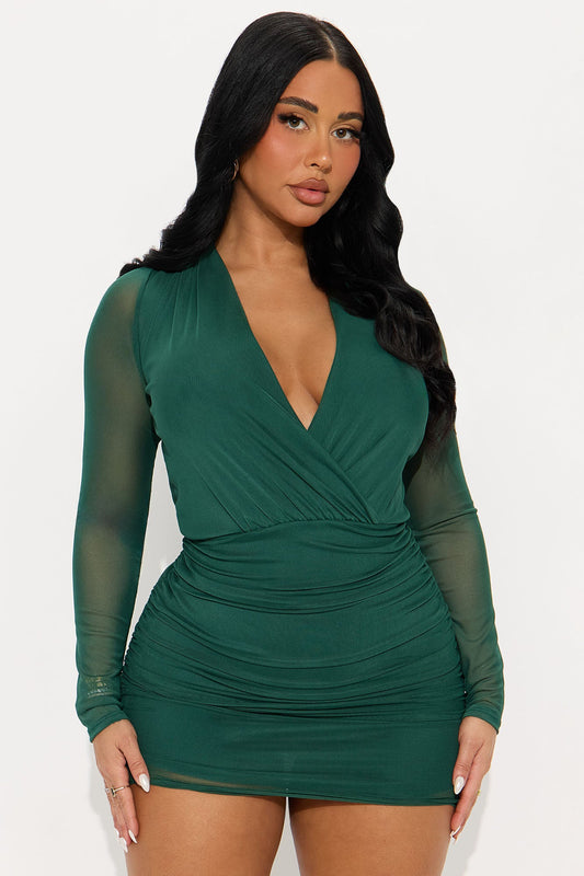 Romy Ruched Mesh Mini Dress - Hunter Green