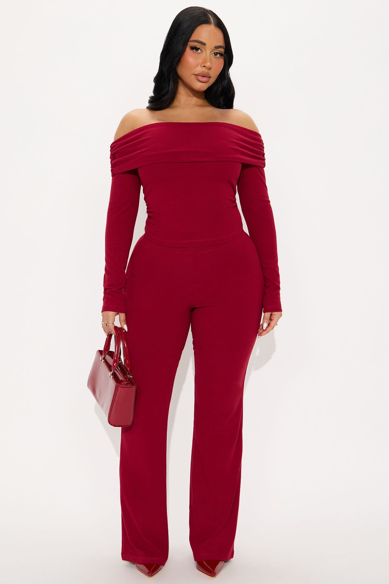 Nora Ribbed Off Shoulder Pant Set - Red