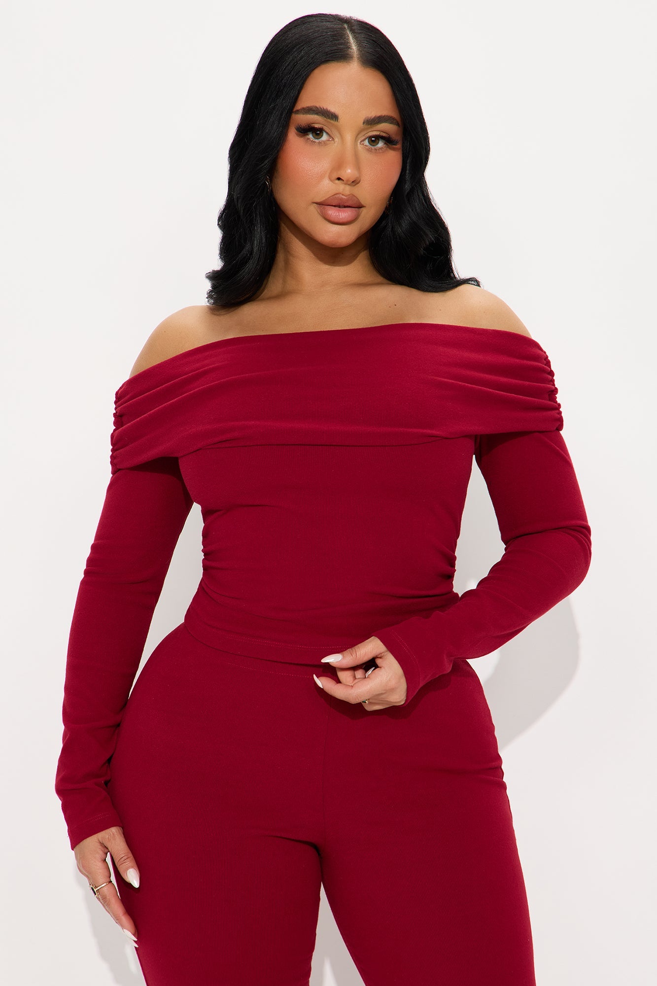 Nora Ribbed Off Shoulder Pant Set - Red