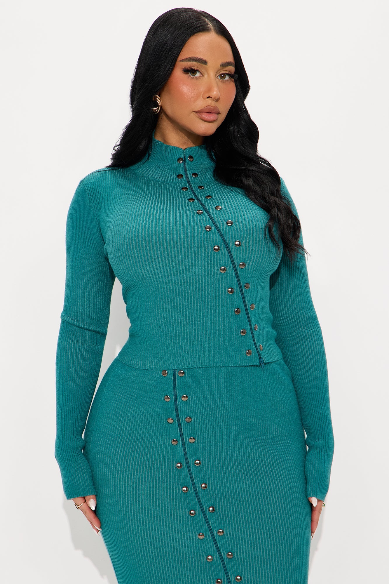 Zenna Studded Sweater Zipper Maxi Skirt Set - Blue