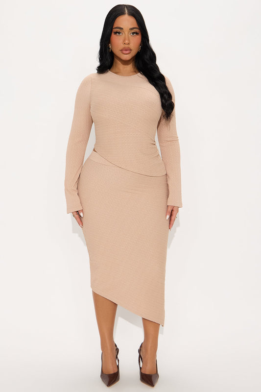 Date Ready Asymmetrical Textured Midi Skirt Set - Taupe