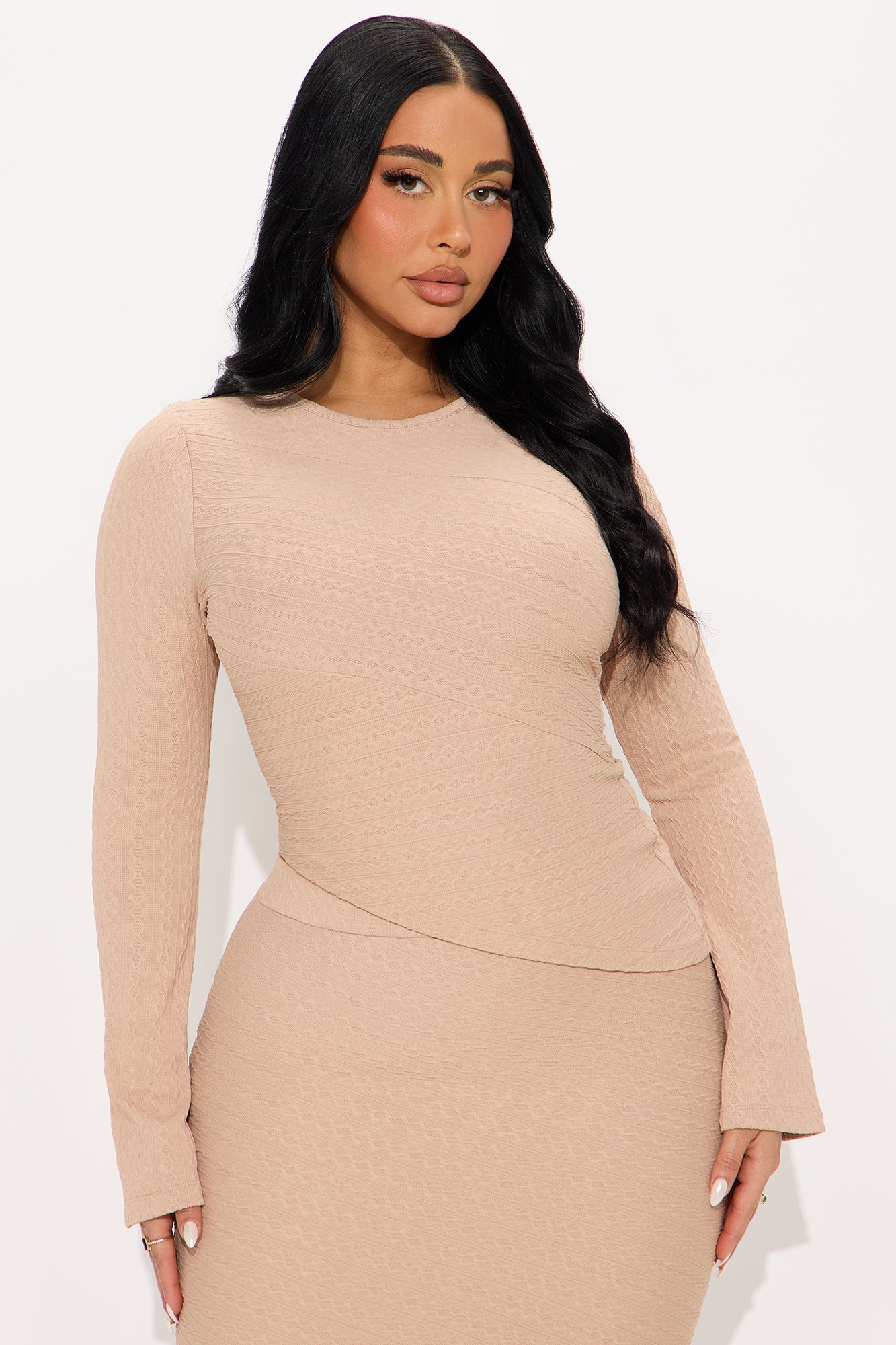 Date Ready Asymmetrical Textured Midi Skirt Set - Taupe