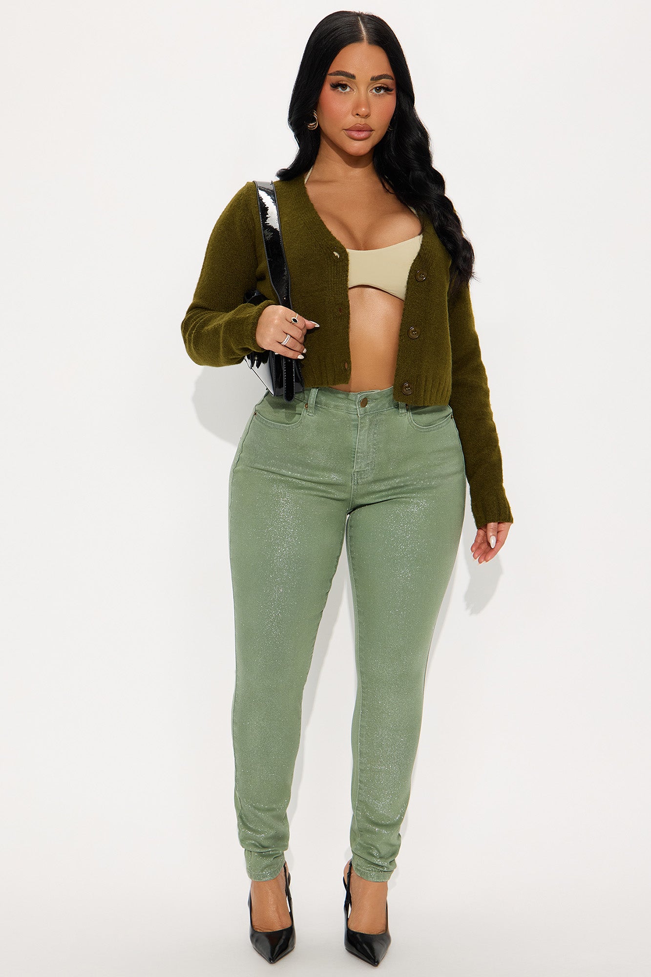 Glorious Glitter Foil Skinny Jean - Olive