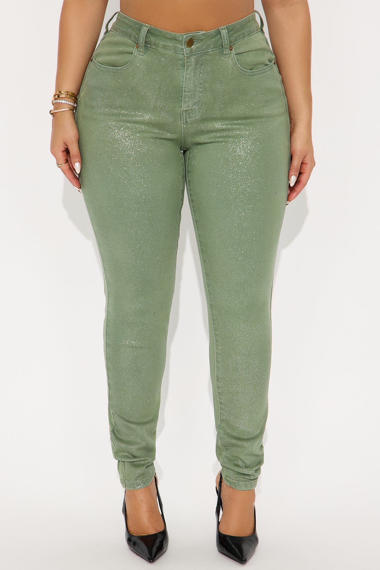 Glorious Glitter Foil Skinny Jean - Olive